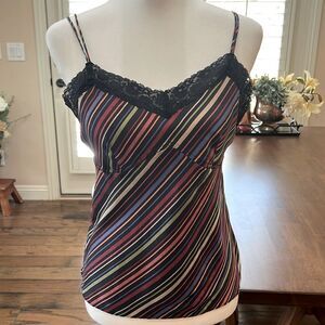 Talbots Silk Lace Trim Cami Multicolor Striped Y2K Stretch Tank Top Size 10